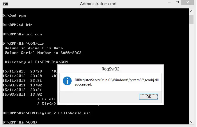 regsvr32-hello-world.wsc Say Hello in VBScript/Javascript COM Automation (WSC) code code library COM/OLE implementation javascript programming languages vbscript windows windows scripting host 