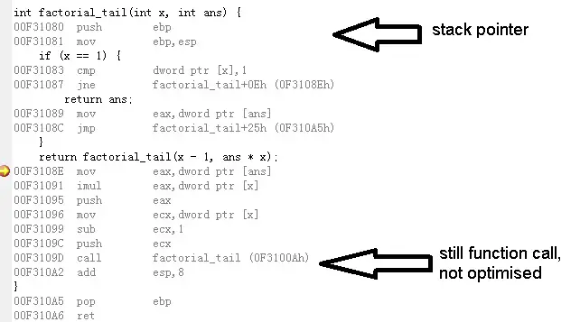 factorial-tail-debug Understanding Tail Recursion - Visual Studio C++ - Assembly View 32 bit algorithms assembly language c / c++ code implementation interpreter / compiler optimization programming languages windows 