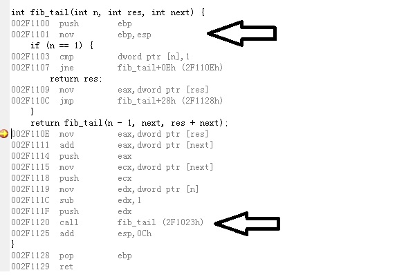 fib-tail-debug Understanding Tail Recursion - Visual Studio C++ - Assembly View 32 bit algorithms assembly language c / c++ code implementation interpreter / compiler optimization programming languages windows 