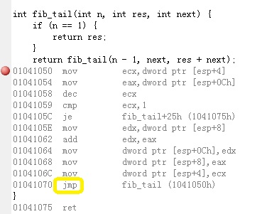 fib-tail-release Understanding Tail Recursion - Visual Studio C++ - Assembly View 32 bit algorithms assembly language c / c++ code implementation interpreter / compiler optimization programming languages windows 