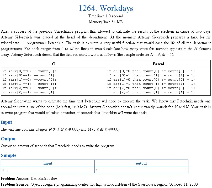 1264 Coding Exercise - Timus Online Judge - 1264. Workdays - C++ solution c / c++ code implementation math programming languages timus 