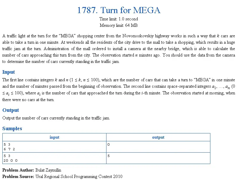 1787 Coding Exercise - C++ - Timus - 1787. Turn for MEGA - Online Judge algorithms c / c++ code implementation math programming languages timus 