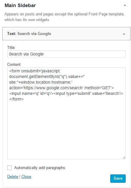 widget-search-engine How to Add Google Search Engine to Wordpress Blog - Widget - Simple HTML code? google api HTML5 wordpress 