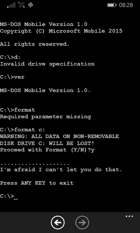 wp_ss_20150828_0001 Microsoft DOS Mobile 1.0 on Nokia Lumia 635 8 bit DOS mobile phone windows windows command shell 