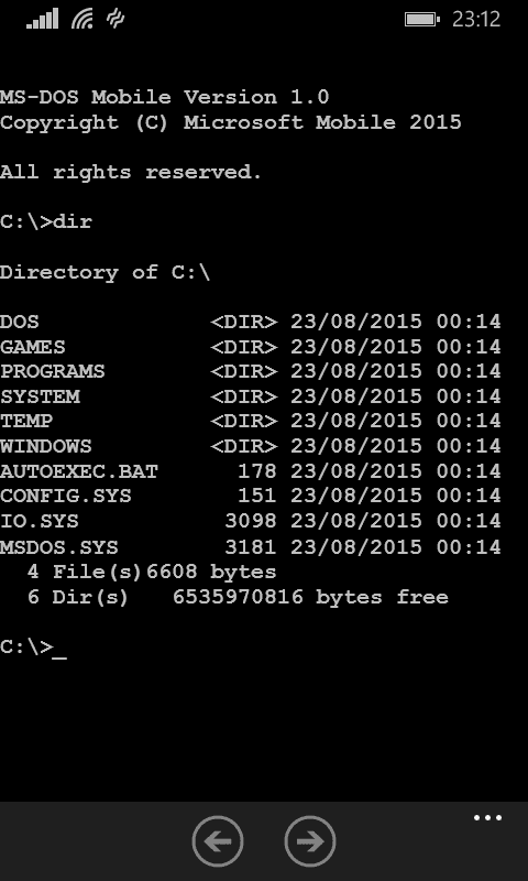 wp_ss_20150906_0002 Microsoft DOS Mobile 1.0 on Nokia Lumia 635 8 bit DOS mobile phone windows windows command shell 