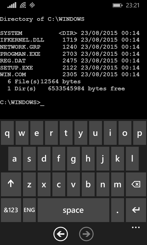 wp_ss_20150906_0015 Microsoft DOS Mobile 1.0 on Nokia Lumia 635 8 bit DOS mobile phone windows windows command shell 