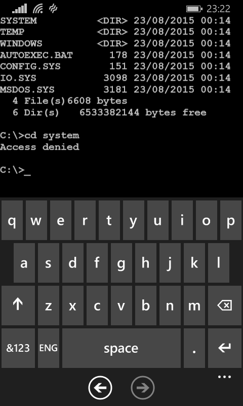 wp_ss_20150906_0016 Microsoft DOS Mobile 1.0 on Nokia Lumia 635 8 bit DOS mobile phone windows windows command shell 