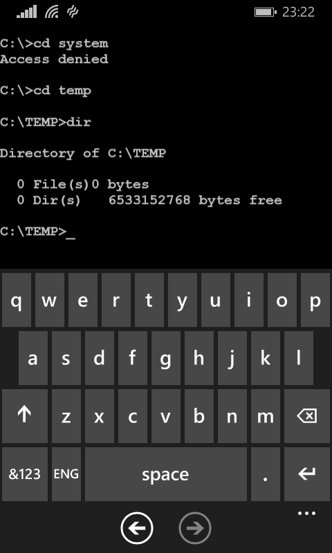 wp_ss_20150906_0017 Microsoft DOS Mobile 1.0 on Nokia Lumia 635 8 bit DOS mobile phone windows windows command shell 