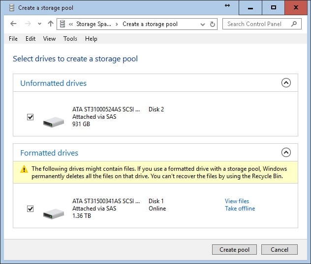 select-drives How to Use Windows 10 - Storage Space to Combine Multiple Physical Harddrives? hardware RAID windows 