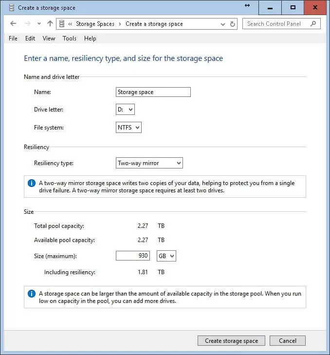 two-way-mirror How to Use Windows 10 - Storage Space to Combine Multiple Physical Harddrives? hardware RAID windows 