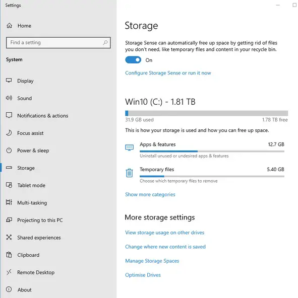 Remove the Temporary Files (including Windows.old) on Windows 10 to Save Space via Storage Sense