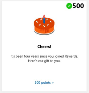 microsoft-bing-rewards-500-points-four-years-289x300 500 Bonus Points (Free) for 4 Year anniversary of Microsoft Bing Rewards.