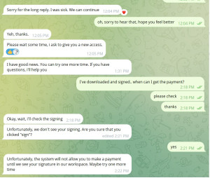telegram-scammer-chat-sign-verify-300x254 The scammer said the contract was not signed properly - and he asked me to do it again.