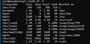 df-raspberrypi-2025-10-01-12.35.41-300x149 The df confirms the USB hard drive has been connected and allocated/mounted.