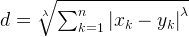 d = \sqrt[\lambda]{\sum_{k=1}^{n}{|x_k-y_k|}^\lambda } 