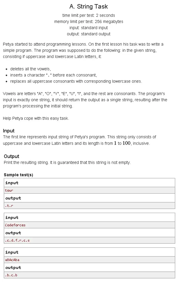 118A Codeforces: A. String Task algorithms beginner codeforces implementation programming languages python string 