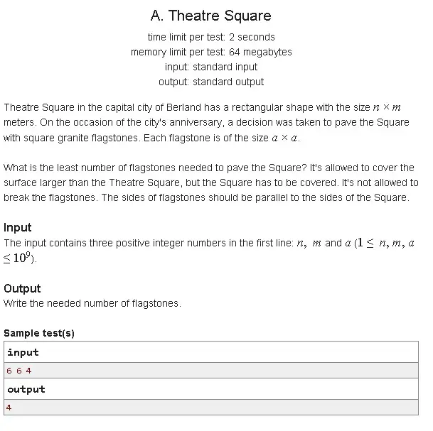 1A Codeforces: A. Theatre Square algorithms beginner codeforces math programming languages python tricks 