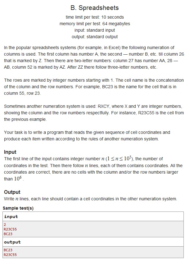 1B Codeforces: B. Spreadsheets