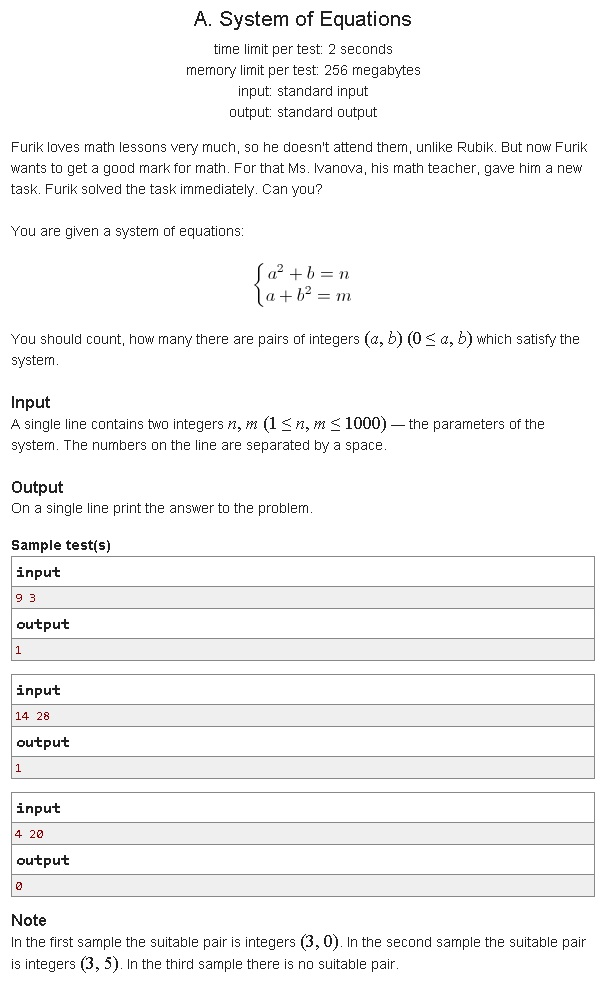 214A Codeforces: A. System of Equations