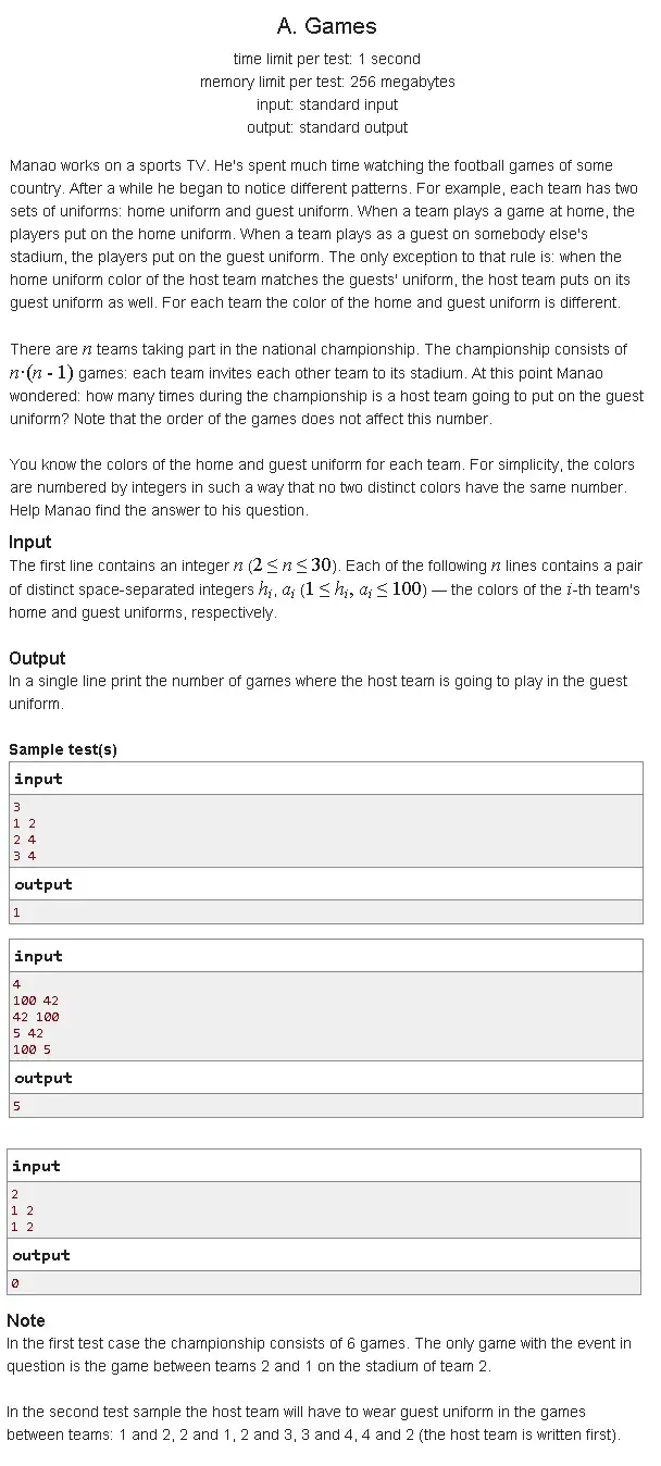 268A Codeforces: 268A. Games beginner codeforces implementation java math programming languages python 