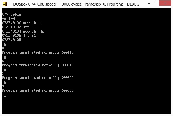 debug-key Lost Era, Microsoft DOS, .COM Assembly, 8 byte program, GetKey 16 bit assembly language code DOS DOSBOX I/O File implementation MSDOS 16-bit programming languages windows windows command shell 