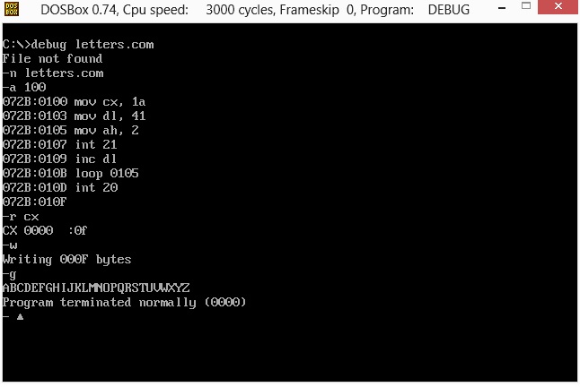 dosbox-print-letter-debug Lost Era, Microsoft DOS, .COM Assembly, Print Letters using Loop 16 bit assembly language implementation MSDOS 16-bit programming languages windows command shell 